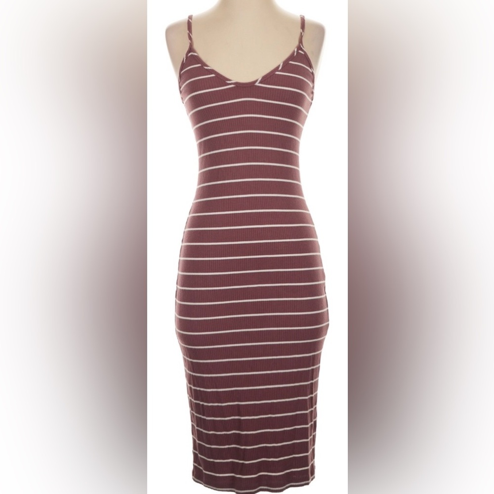 Express Ribbed Striped Midi Dress in Mauve and White